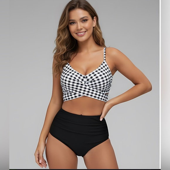 Gingham Ruched High Waisted Bikini Swimsuit - Picture 1 of 5